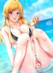  1girl absurdres ahoge bikini blonde_hair blue_eyes blue_sky breasts cleavage cloud collarbone day eyebrows_visible_through_hair hachimiya_meguru highres idolmaster idolmaster_shiny_colors large_breasts layered_bikini long_hair looking_at_viewer low_twintails ocean open_mouth outdoors shohei_(piranha5hk) sitting sky smile solo swimsuit twintails water wet yellow_bikini 