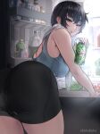  1girl absurdres ass bare_shoulders bike_shorts blue_tank_top can ebakubaku eyebrows_visible_through_hair hair_between_eyes hanamonogatari highres kanbaru_suruga looking_at_viewer looking_back monogatari_(series) orange_eyes purple_hair refrigerator refrigerator_interior short_hair sleeveless soda soda_can tank_top 