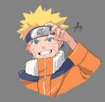  &gt;:) 1boy as_(as21_00) blonde_hair blue_eyes facial_mark food forehead_protector fruit grey_background konohagakure_symbol male_focus naruto naruto_(series) ninja open_mouth orange_(fruit) simple_background smile solo spiked_hair teeth uzumaki_naruto v-shaped_eyebrows whisker_markings zipper 