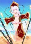  1girl :d absurdres bangs barefoot beach bikini blue_hair chain cross_(weapon) frilled_bikini frills full_body highres holding holding_chain honkai_(series) honkai_impact_3rd long_hair looking_at_viewer navel open_mouth pink_bikini sand side_ponytail smile solo standing swimsuit theresa_apocalypse toes water waves white_hair xiao_shi_lullaby 
