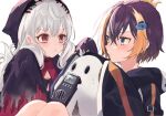  2girls animal_hood bags_under_eyes black_dress black_headwear black_hoodie blue_eyes blush brown_hair dress eyebrows_visible_through_hair ghost grey_hair hair_behind_ear hood hoodie multicolored_hair multiple_girls nijisanji nijisanji_en orange_hair penguin_hood petra_gurin poppi_(reimu_endou) pout purple_eyes reimu_endou sleeves_past_fingers sleeves_past_wrists streaked_hair suzuno_(en_10ten) two-tone_hoodie v-shaped_eyebrows virtual_youtuber white_background white_hoodie 