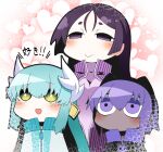  221_(tsutsuichi) 3girls :&gt; blue_hair blush bright_pupils chibi dark_skin fate/grand_order fate_(series) hair_ornament hairband hassan_of_serenity_(fate) heart heart_background horns jacket kiyohime_(fate) minamoto_no_raikou_(fate) multiple_girls no_mouth purple_eyes purple_hair smile translation_request white_pupils yellow_eyes 