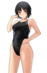  1girl amagami black_hair black_swimsuit breasts brown_eyes competition_swimsuit hand_under_clothes hand_under_swimsuit highleg highleg_swimsuit highres looking_at_viewer nanasaki_ai one-piece_swimsuit short_hair simple_background small_breasts solo standing swimsuit wet white_background ykh1028 