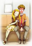  1boy 1girl amai_shirou between_legs blonde_hair brown_hair brown_shirt closed_eyes closed_mouth collared_shirt couch embarrassed grey_pants hair_ornament hand_between_legs indoors kasugano_urara_(yes!_precure_5) layered_sleeves leaning_to_the_side lens_flare long_hair long_sleeves miniskirt necktie open_mouth orange_shirt pants pink_skirt precure red_necktie shiny shiny_hair shirt short_hair short_over_long_sleeves short_sleeves sitting skirt sleeping sweatdrop tomo5656ky twintails wing_collar yes!_precure_5 yes!_precure_5_gogo! 