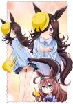  2girls abe_kanari ahoge alternate_costume animal_ears black_hair blush_stickers commentary_request hair_ornament hat headband highres horse_ears horse_girl horse_tail kindergarten_uniform long_hair looking_at_viewer mihono_bourbon_(umamusume) multiple_girls rice_shower_(umamusume) school_hat school_uniform smock tail thumbs_up tracen_school_uniform umamusume 