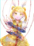  1girl :o armor bangs between_fingers blonde_hair bloom blunt_bangs blurry bright_pupils chromatic_aberration cowboy_shot depth_of_field double_bun dress floating_hair frilled_sleeves frills hair_ribbon hand_up haniwa_(statue) highres holding holding_needle itomugi-kun joutouguu_mayumi looking_at_viewer needle parted_lips puffy_short_sleeves puffy_sleeves ribbon sewing_needle short_hair short_sleeves sidelocks solo staring straight-on string string_of_fate touhou vambraces vignetting water_drop white_background white_pupils white_ribbon yellow_dress yellow_eyes yellow_theme 