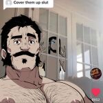  2boys bara black_eyes black_hair chest_hair cover_them_up_slut_(meme) facial_hair glowing glowing_eye graves_(league_of_legends) heart large_pectorals league_of_legends male_focus meme multiple_boys muscular muscular_male mustache nipples pectorals rybiok sideburns thick_eyebrows tiktok twisted_fate 