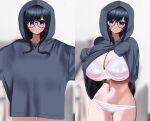  1girl absurdres bangs black-framed_eyewear black_hair blurry blurry_background blush bra breasts cleavage closed_mouth commentary_request covered_nipples cowboy_shot depth_of_field eyebrows_visible_through_hair glasses grey_hoodie highres hood hood_up hoodie huge_breasts long_hair long_sleeves looking_at_viewer mixed-language_commentary multiple_views navel nicorima no_pants original outstretched_arms oversized_clothes panties purple_eyes sleeves_past_fingers sleeves_past_wrists stomach underwear white_bra white_panties 