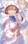  1boy animal_costume bandam brown_hair candy chocolate dark_skin food gift highres holding holding_gift incoming_gift looking_at_viewer made_in_abyss male_focus mechanical_arms midriff_peek open_mouth pointy_ears regu_(made_in_abyss) straight-on white_day yellow_eyes 