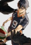  1boy bird black_eyes black_hair black_shirt black_shorts blurry collarbone depth_of_field dutch_angle feathered_wings haikyuu!! highres kageyama_tobio male_focus mkm_(mkm_storage) shadow shirt shoes shorts signature simple_background sneakers sportswear volleyball volleyball_uniform white_background wings 
