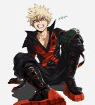  1boy angry bakugou_katsuki blonde_hair boku_no_hero_academia boots clenched_teeth collar collarbone gloves green_gloves male_focus mkm_(mkm_storage) red_eyes shadow signature simple_background sitting solo spiked_hair teeth white_background 