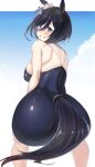  1girl animal_ears ass black_hair blue_eyes blue_swimsuit blush bob_cut breasts covered_nipples eishin_flash_(umamusume) from_behind highres horse_ears horse_girl horse_tail looking_at_viewer looking_back medium_breasts one-piece_swimsuit school_swimsuit shingo. shiny shiny_hair shiny_skin short_hair solo squatting swimsuit tail umamusume 
