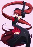  1girl :d absurdly_long_hair armpits bangs black_gloves black_legwear blue_eyes brown_hair elbow_gloves floating_hair genderswap genderswap_(mtf) gloves hair_between_eyes happinesscharge_precure! long_hair looking_at_viewer miniskirt pink_background pleated_skirt ponytail precure red_skirt shiny shiny_hair skirt smile solo thighhighs tomo5656ky unlovely_(happinesscharge_precure!) very_long_hair zettai_ryouiki 