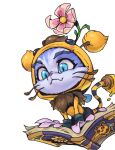  animal bangs bee_costume blue_eyes book cat floating floating_object flower fur_collar grey_background league_of_legends no_humans open_book phantom_ix_row pink_flower simple_background smile tail yuubee yuumi_(league_of_legends) 