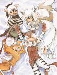  &gt;_&lt; 5girls :d ^^^ aardwolf_(kemono_friends) all_fours animal_ears aran_sweater arms_up bangs black_eyes black_hair blonde_hair blush brown_hair character_request closed_eyes commentary_request from_above gloves hair_between_eyes kemono_friends long_hair long_sleeves lying mittens multicolored_hair multiple_girls okapi_(kemono_friends) on_back open_mouth ponytail shuushuusha sitting smile snow snowman sweater tail two-tone_hair white_hair yellow_eyes 