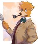  2021 anthro bow_tie brown_body brown_clothing brown_fur brown_topwear canid canine canis clothed clothing coat dated fur holding_magnifying_glass holding_object magnifying_glass male mammal object_in_mouth sherlock_hound sherlock_hound_(series) shirt smoking_pipe solo topwear white_clothing white_shirt white_topwear yanutorie 