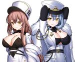  2girls arkhangelsk_(azur_lane) arms_behind_head arms_up asamura_hiori azur_lane breasts cleavage coat coat_dress collarbone fur-trimmed_coat fur_hat fur_trim hat highres large_breasts long_hair looking_at_viewer multiple_girls papakha red_eyes silver_hair smile upper_body volga_(azur_lane) white_coat yellow_eyes 