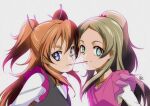  2girls aqua_eyes black_shirt blue_eyes brown_hair closed_mouth collarbone food grey_background hair_bobbles hair_ornament hair_ribbon houjou_hibiki long_hair looking_at_viewer minamino_kanade multiple_girls pink_ribbon pink_shirt pocky pocky_kiss ponytail precure ribbon shiny shiny_hair shirt signature sleeveless sleeveless_shirt smile suite_precure tomo5656ky twintails upper_body white_sleeves yuri 