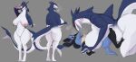 absurd_res anthro anthro_on_anthro big_breasts breasts female genitals grey_background hi_res larger_female lucario lvlirror nintendo nipple_piercing nipples nude piercing pok&eacute;mon pok&eacute;mon_(species) pussy sharp_teeth sharpedo simple_background size_difference teeth video_games 
