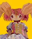  1girl absurdres body_horror bubble_skirt choker closed_mouth commentary_request fingernails hands highres kaname_madoka magical_girl mahou_shoujo_madoka_magica mihifu nail_art nail_polish pink_hair puffy_short_sleeves puffy_sleeves red_choker red_eyes ribbon_choker ripping short_hair short_sleeves short_twintails simple_background skirt smile solo_focus soul_gem surreal twintails yellow_background 