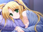  1girl alpha_(yukai_na_nakamatachi) bangs blonde_hair blurry blurry_background blush breasts cleavage closed_mouth collarbone eyebrows_visible_through_hair game_cg green_eyes grey_ribbon hair_between_eyes hair_intakes hair_ribbon indoors kannazuki_maho konna_ko_ga_itara_boku_wa_mou long_hair looking_at_viewer medium_breasts nude pillow ribbon solo sweatdrop twintails under_covers upper_body very_long_hair 