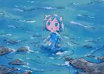  1girl 1nupool :o ahoge blue_eyes blush_stickers highres liquid_hair original outdoors solo water water_elemental 