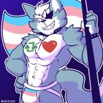  &lt;3 2022 abs anthro big_bulge big_muscles blue_background bodypaint bracelet bulge canid canine canis clothing collar eye_patch eyebrows eyewear fizzyjay flag fur hair hand_on_hip hi_res holding_flag holding_object jewelry jockstrap lgbt_pride looking_at_viewer male mammal muscular muscular_anthro muscular_male navel nintendo obliques pecs pride_color_clothing pride_color_underwear pride_colors retweet simple_background smile solo standing star_fox teeth text transgender_pride_colors tuft twitter underwear url video_games wolf wolf_o&#039;donnell 