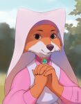  anthro canid canine disney female forest forest_background fox hands_together hi_res looking_at_viewer maid_marian makeup mammal nature nature_background noxu plant robin_hood_(disney) smile solo tree 