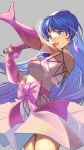  1girl :d blue_hair blush breasts choujikuu_yousai_macross dress earrings elbow_gloves gloves highres holding jewelry jj_(ssspulse) long_hair looking_ahead lynn_minmay macross macross:_do_you_remember_love? medium_breasts microphone music off_shoulder open_mouth pink_gloves singing smile solo very_long_hair white_dress 