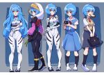  5girls ass ayanami_rei bag bangs black_bodysuit black_footwear blue_hair bodysuit boots breasts cup evangelion:_3.0+1.0_thrice_upon_a_time eyebrows_visible_through_hair food food_in_mouth full_body hair_ornament hat holding holding_cup holding_plant iganashi1 interface_headset long_hair looking_at_viewer medium_breasts mouth_hold multiple_girls neon_genesis_evangelion plant plugsuit rebuild_of_evangelion red_eyes school_bag school_uniform short_hair simple_background smile standing toast toast_in_mouth white_bodysuit 