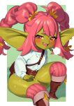  1girl =3 blush boots colored_skin curvy eyebrows_visible_through_hair fang female_goblin goblin green_skin highres lap_pillow_invitation large_ears long_pointy_ears medium_hair micro_shorts nia_(nia4294) open_mouth original pink_eyes pink_hair pink_legwear pointy_ears second-party_source shirt short_eyebrows shorts shortstack smile smug solo thick_thighs thighhighs thighs twintails white_shirt wide_hips x-shaped_pupils 