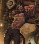  1boy abs animal_ears artist_name bara biceps black_hair blue_eyes blurry blurry_background cat_ears cat_tail clothes_lift commission dark-skinned_male dark_skin final_fantasy final_fantasy_xiv highres jouvru looking_at_viewer male_focus male_underwear map muscular muscular_male navel nipples original outdoors pants pectoral_cleavage pectorals scar scar_on_stomach shirt_lift smile solo tail tank_top topless topless_male underwear 