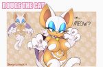  anthro bell big_breasts breasts capcom chiropteran claws collar cosplay darkstalkers dialogue english_text felicia_(darkstalkers) female footprint hi_res looking_at_viewer mammal omegasunburst pawprint rouge_the_bat sega solo sonic_the_hedgehog_(series) text tongue tongue_out video_games wide_hips wings 