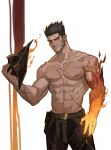  1boy abs amo_(amo9612) bara belt biceps black_hair darius_(league_of_legends) facial_hair fire hat heterochromia highres league_of_legends looking_at_viewer male_focus manly mature_male muscular muscular_male navel navel_hair nipples pants pectorals scar scar_across_eye scar_on_chest scar_on_face scar_on_stomach smile solo stubble topless topless_male yellow_eyes 
