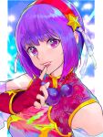  1girl asamiya_athena bangs blue_background border breasts china_dress chinese_clothes dress eyebrows_visible_through_hair finger_to_mouth fingerless_gloves gloves hair_ribbon hairband highres lips looking_at_viewer medium_breasts oni_gini open_mouth purple_eyes purple_hair red_dress ribbon short_hair short_shorts shorts simple_background smile solo star_(symbol) the_king_of_fighters the_king_of_fighters_xv upper_body white_background white_border white_ribbon 