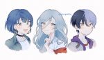  1boy 2girls aoyagi_touya aqua_eyes aqua_hair black_choker black_hair blue_eyes blue_hair blue_jacket blue_theme choker collarbone collared_jacket cropped_shoulders dot_nose earrings grey_eyes grey_hair grey_hoodie hair_between_eyes hand_up highres hinomori_shizuku hood hood_down hoodie hoop_earrings index_finger_raised jacket jewelry kiritani_haruka konpeito_u light_blush lineup long_hair mole mole_under_eye mole_under_mouth multicolored_hair multiple_girls open_mouth project_sekai purple_hood shirt short_hair simple_background smile tsurime twitter_username two-tone_hair white_background white_shirt 