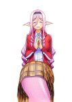  1girl ^_^ blush breasts closed_eyes collared_shirt drill_locks grin hair_between_eyes hairband head_fins highres jacket long_hair mermaid meroune_lorelei monster_girl monster_musume_no_iru_nichijou official_art okayado own_hands_together pink_hair plaid plaid_skirt pleated_skirt red_jacket scales school_uniform shirt simple_background skirt smile solo white_background white_shirt 