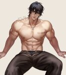  1boy abs artist_name bara biceps cigarette commission highres jouvru looking_at_viewer male_focus male_underwear muscular muscular_male original pants pectoral_cleavage pectorals scar scar_on_chest scar_on_stomach solo topless topless_male underwear 