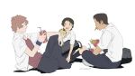  1girl 2boys brown_hair burger drink eating food french_fries highres holding holding_drink holding_food konno_makoto mamiya_chiaki multiple_boys red_hair school_uniform short_hair simple_background sitting sona_(mmediocreman) toki_wo_kakeru_shoujo tsuda_kousuke white_background 