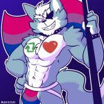  &lt;3 2022 abs anthro big_bulge big_muscles bisexual_pride_colors blue_background bodypaint bracelet bulge canid canine canis clothing collar eye_patch eyebrows eyewear fizzyjay flag fur hair hand_on_hip hi_res holding_flag holding_object jewelry jockstrap lgbt_pride looking_at_viewer male mammal muscular muscular_anthro muscular_male navel nintendo obliques pecs pride_color_clothing pride_color_underwear pride_colors retweet simple_background smile solo standing star_fox teeth text tuft twitter underwear url video_games wolf wolf_o&#039;donnell 