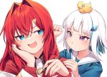  2girls :d :t ange_katrina animal_on_head bangs bird bird_on_head blue_eyes blue_hair blue_shirt blush closed_mouth colored_inner_hair eyebrows_visible_through_hair hair_between_eyes hair_intakes hair_ornament hand_on_own_cheek hand_on_own_face holding holding_pen lize_helesta long_hair looking_at_another multicolored_hair multiple_girls nijisanji on_head pen purple_eyes red_hair sailor_collar sebastian_piyodore shirt sideways_glance silver_hair simple_background smile sukuna136 upper_body v-shaped_eyebrows virtual_youtuber white_background white_sailor_collar 