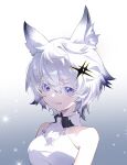  1girl :p alchemy_stars animal_ear_fluff animal_ears bangs bare_shoulders blue_eyes breasts cat_ears collar colored_tips gradient gradient_background hair_between_eyes highres jyisheng looking_at_viewer medium_breasts multicolored_hair philyshy_(alchemy_stars) short_hair sleeveless smile solo tongue tongue_out upper_body white_hair 