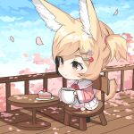  1girl animal_ear_fluff animal_ears bangs barefoot big_head blonde_hair blue_sky brown_eyes cake cake_slice chibi cloud cloudy_sky commentary_request cup day food fox_ears fox_girl fox_tail hair_ornament hairclip highres holding holding_cup long_sleeves original outdoors petals pink_shirt plate pleated_skirt shirt side_ponytail sitting skirt sky solo swept_bangs tail white_skirt wide_sleeves yuuji_(yukimimi) 