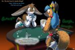  anthro blush bodily_fluids butt canid canine catmonkshiro desperation diaper duo english_text fox lagomorph laxative laxatives leporid male mammal poker poker_cards poker_table rabbit sweat sweatdrop text worried 