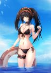  1girl absurdres asymmetrical_hair bikini black_bikini black_choker black_hair blue_sky breasts choker clock_eyes closed_mouth date_a_live day frilled_choker frilled_hairband frills garters hairband hand_up heterochromia highres holding holding_innertube innertube jewelry large_breasts long_hair nash11 navel orange_hairband orange_nails pendant red_eyes side-tie_bikini sky solo stomach swimsuit symbol-shaped_pupils thigh_strap tokisaki_kurumi twintails wading water yellow_eyes 