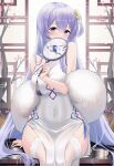  1girl azur_lane bare_shoulders breasts china_dress chinese_clothes clothing_cutout covered_navel covering_mouth cutout_above_navel dress feather_boa hair_between_eyes hand_fan highres holding holding_fan lace-trimmed_legwear lace_trim large_breasts light_purple_hair long_hair looking_at_viewer official_alternate_costume pelvic_curtain purple_eyes rodney_(azur_lane) rodney_(immaculate_beauty)_(azur_lane) ruwo sitting sleeveless sleeveless_dress solo thighhighs underboob underboob_cutout very_long_hair white_garter_straps white_legwear 