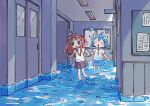  1nupool 2girls :d ahoge arm_grab blush_stickers brown_eyes flood highres indoors liquid_clothes liquid_hair long_hair multiple_girls original red_hair school_uniform short_hair smile wading water water_elemental 