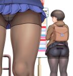  backpack bag bangs black_skirt blue_skirt blurry blurry_background blush brown_hair bus_stop_sign clothes_lift commentary_request eyebrows_visible_through_hair feet_out_of_frame from_behind highres long_sleeves original orizen out_of_frame panties panties_under_pantyhose pantyhose pleated_skirt print_panties short_hair simple_background skirt skirt_caught_on_object skirt_lift thick_thighs thighhighs thighhighs_under_pantyhose thighs underwear white_background 