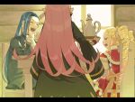  1boy 2girls :d beatrice_(re:zero) blonde_hair blue_eyes blue_hair blush bow capelet chair closed_eyes commentary_request crown dress drill_hair frills fur-trimmed_capelet fur_trim hair_ribbon holding holding_tray indoors lewes_meyer long_hair long_sleeves mini_crown multiple_girls open_mouth orange_bow parupin pink_hair pink_ribbon pointy_ears re:zero_kara_hajimeru_isekai_seikatsu red_capelet ribbon roswaal_a._mathers sidelocks sitting smile table teapot teeth tongue tray twin_drills twintails upper_teeth window wristband 