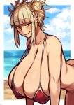  1girl :&gt; absurdres bangs beach bikini blonde_hair blunt_bangs blush boku_no_hero_academia breasts closed_mouth coffeelove68 double_bun half-closed_eyes highres huge_breasts looking_at_viewer messy_hair ocean sand smile solo standing swimsuit toga_himiko yellow_eyes 